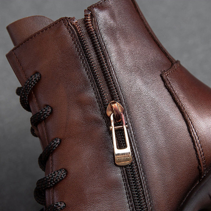 Women Retro Soft Leather Chunky Heel Boots-RAIIFY