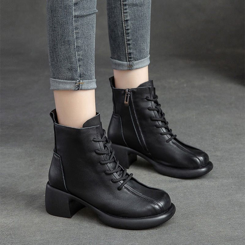 Women Retro Soft Leather Chunky Heel Boots-RAIIFY