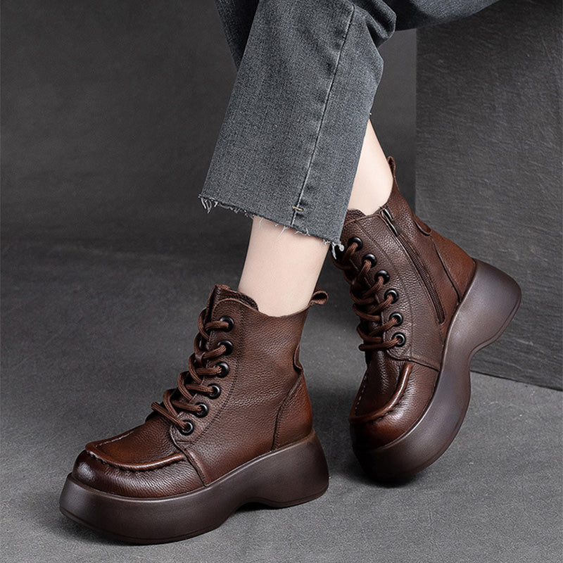 Women Retro Minimalist Leather Platform Boots-RAIIFY