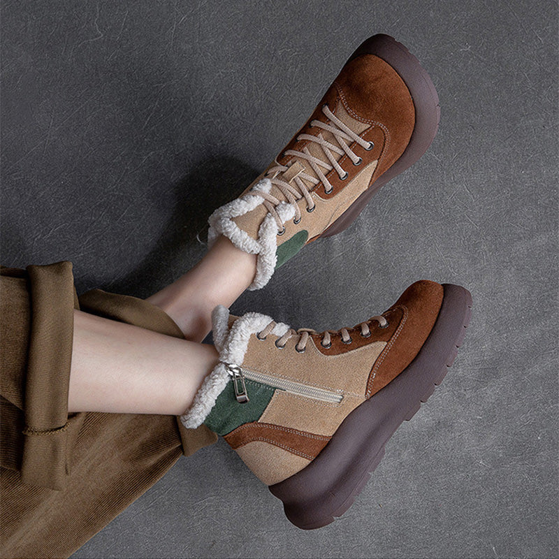 Women Retro Patchwork Leather Furred Snow Boots-RAIIFY