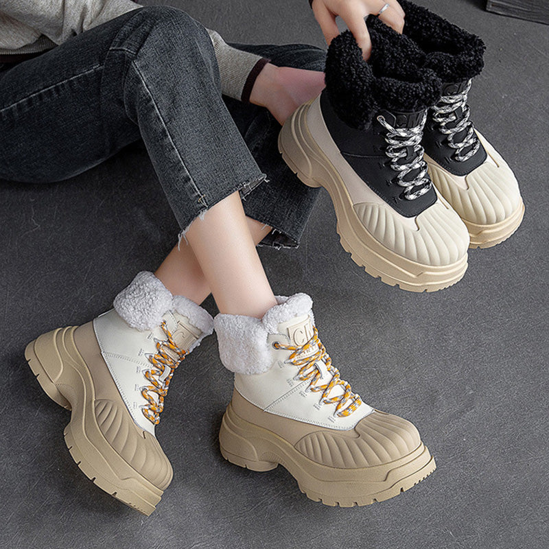Women Fashion Leather Chunky Platform Snow Boots-RAIIFY