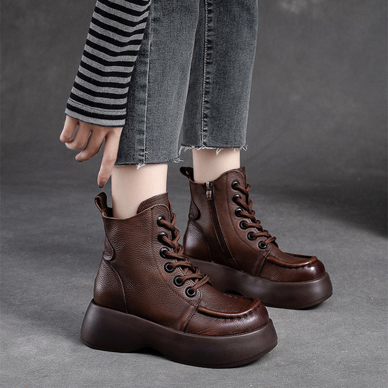 Women Retro Minimalist Leather Platform Boots-RAIIFY