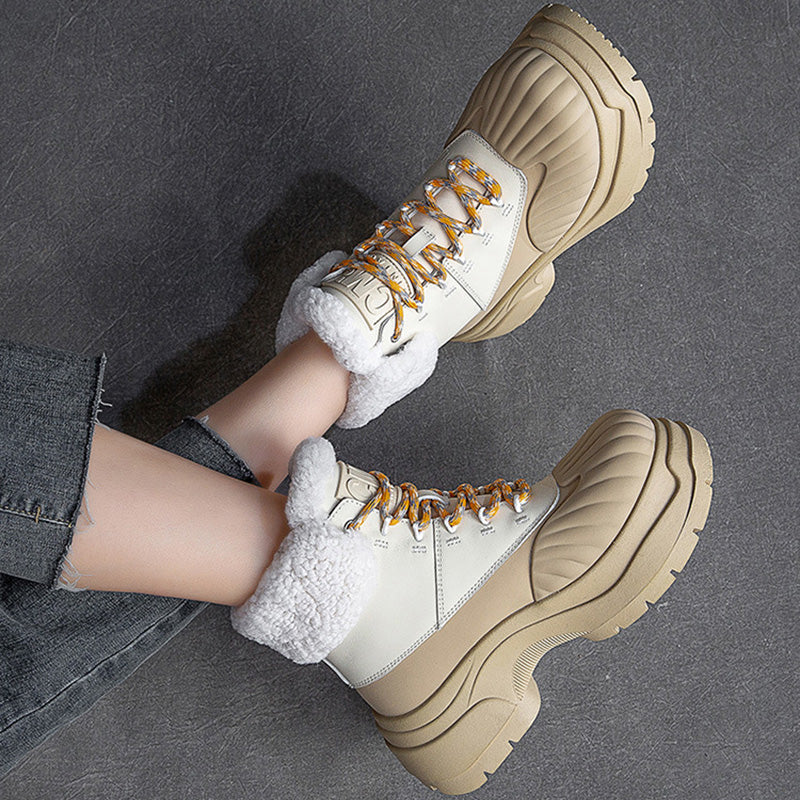 Women Fashion Leather Chunky Platform Snow Boots-RAIIFY