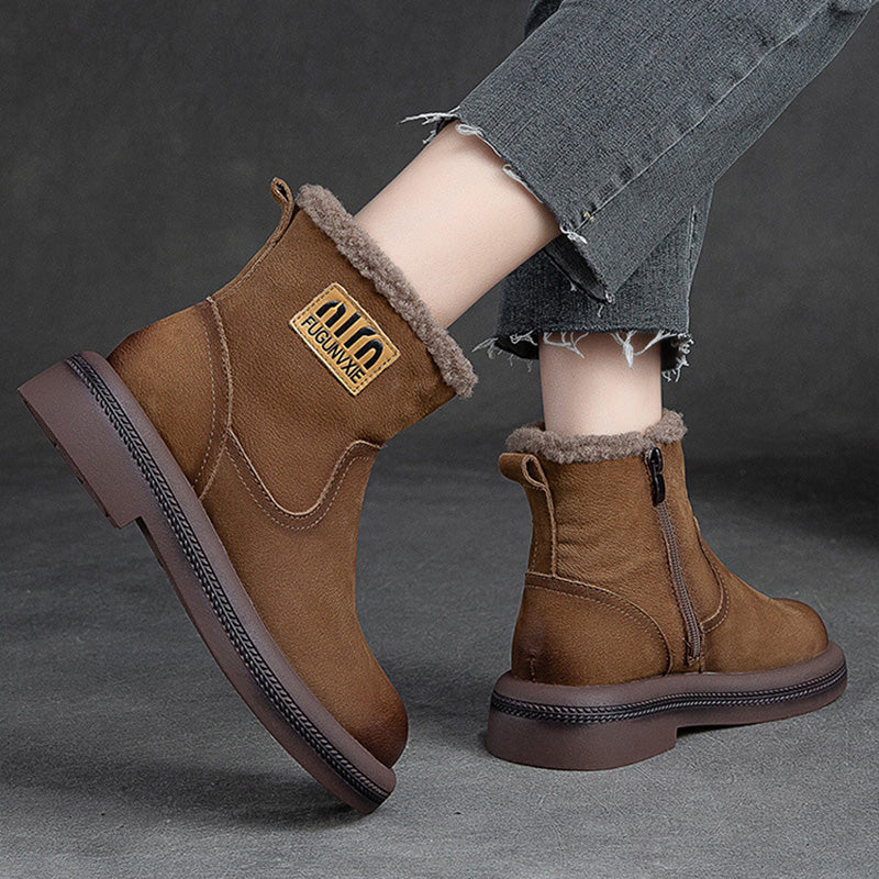 Women Retro Leather Patchwork Furred Snow Boots-RAIIFY