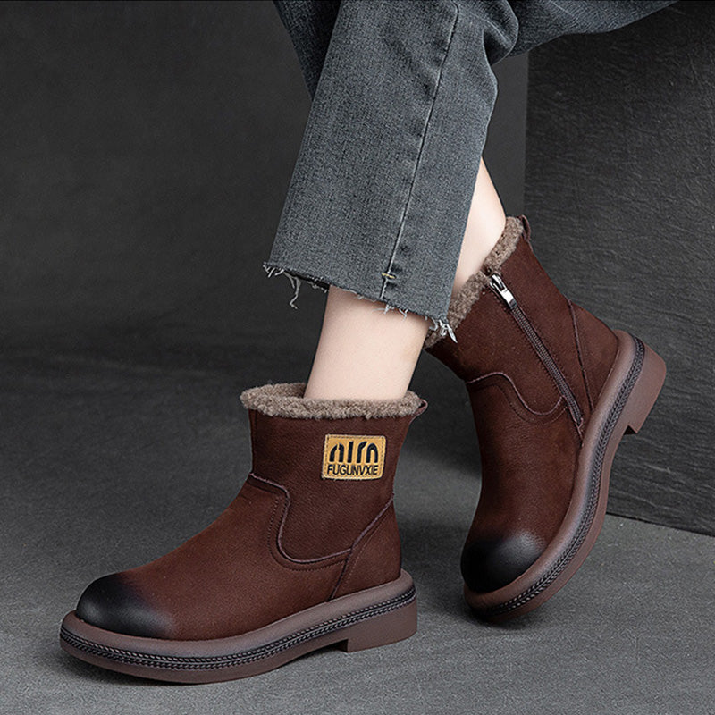 Women Retro Leather Patchwork Furred Snow Boots-RAIIFY