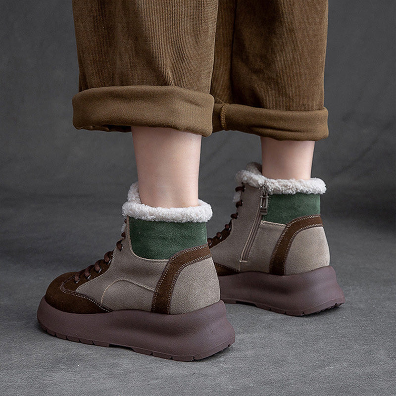 Women Retro Patchwork Leather Furred Snow Boots-RAIIFY