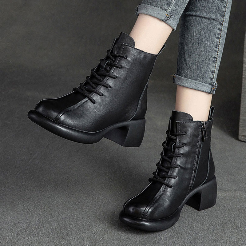 Women Retro Soft Leather Chunky Heel Boots-RAIIFY