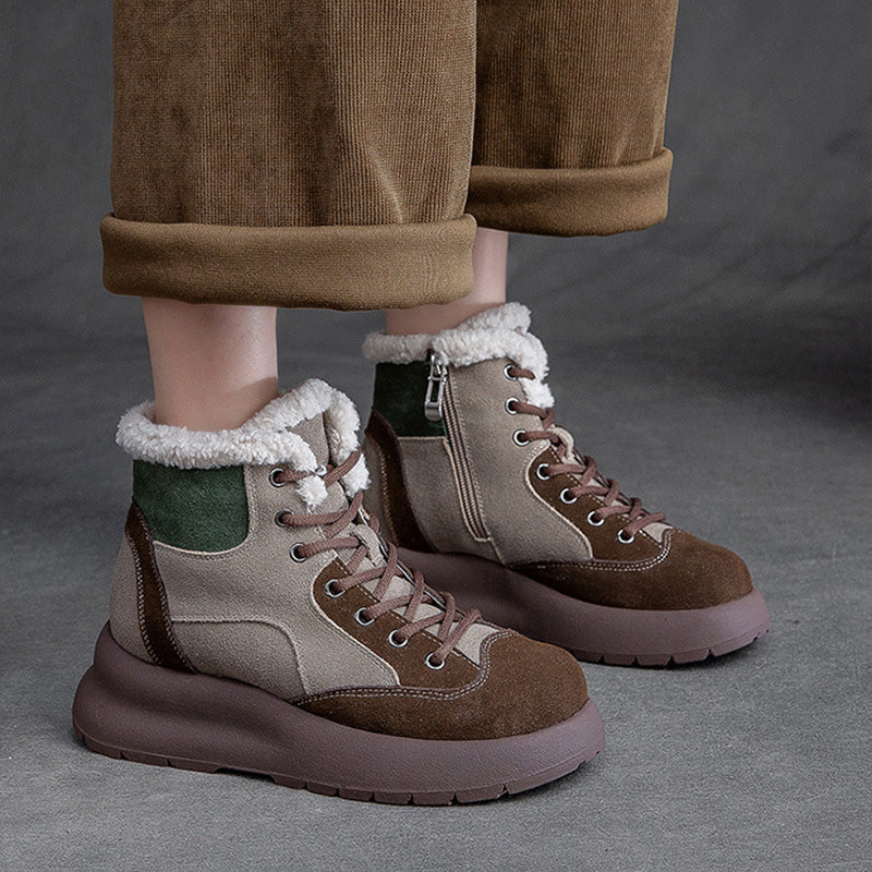 Women Retro Patchwork Leather Furred Snow Boots-RAIIFY