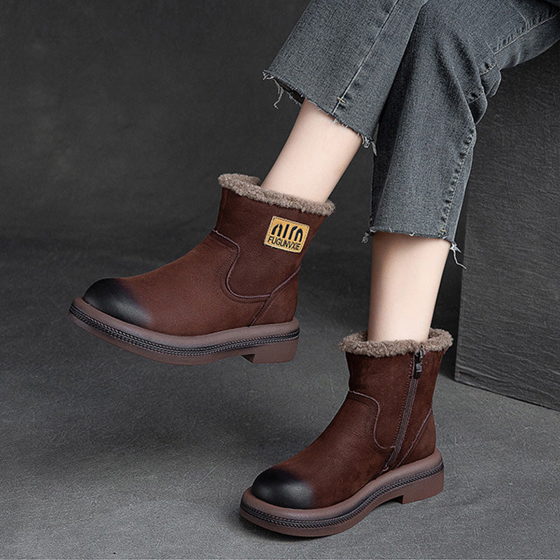 Women Retro Leather Patchwork Furred Snow Boots-RAIIFY