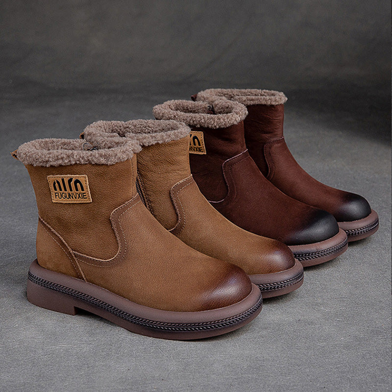 Women Retro Leather Patchwork Furred Snow Boots-RAIIFY