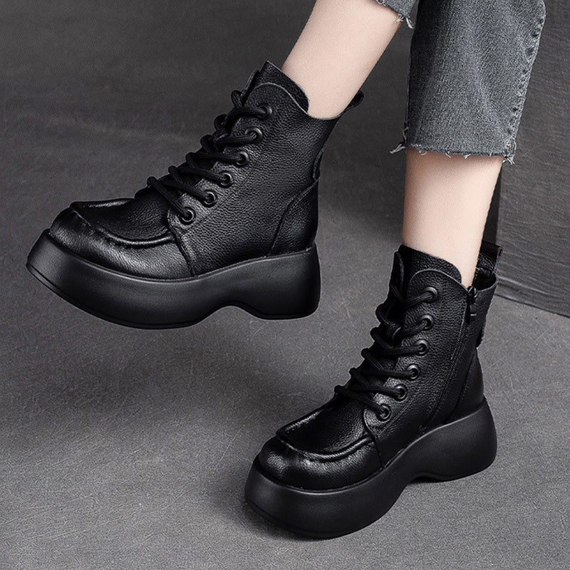 Women Retro Minimalist Leather Platform Boots-RAIIFY