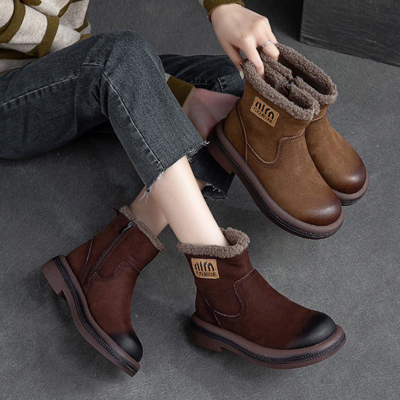 Women Retro Leather Patchwork Furred Snow Boots-RAIIFY