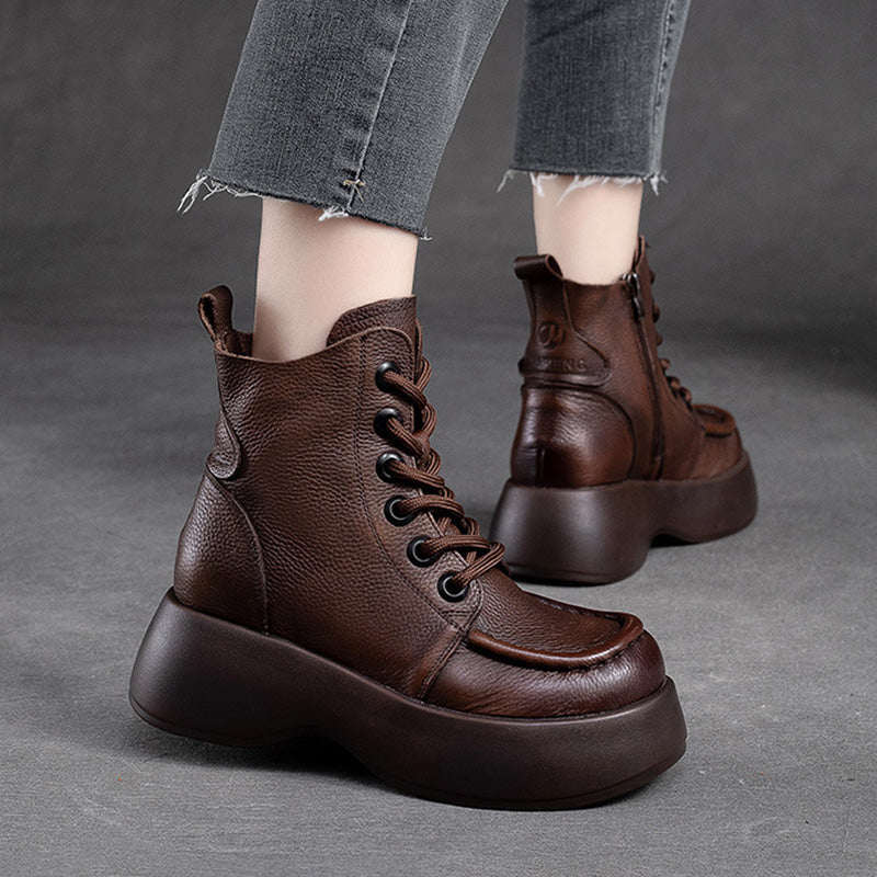 Women Retro Minimalist Leather Platform Boots-RAIIFY