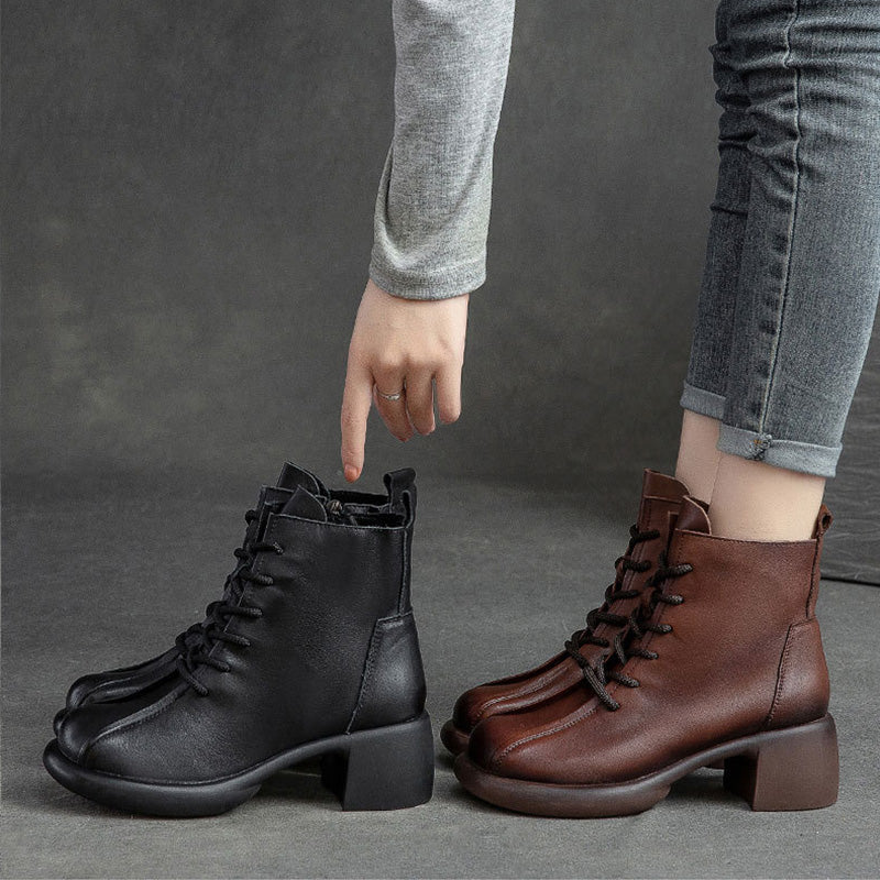 Women Retro Soft Leather Chunky Heel Boots-RAIIFY