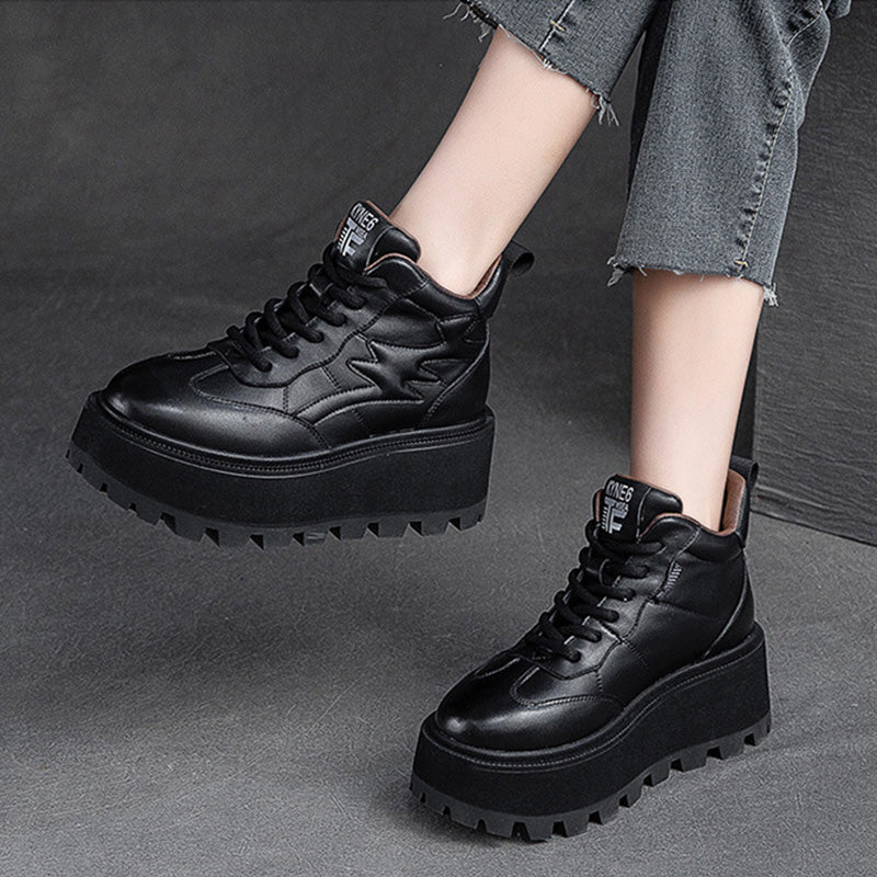 Women Minimalist Cowhide Chunky Platform Casual Shoes-RAIIFY