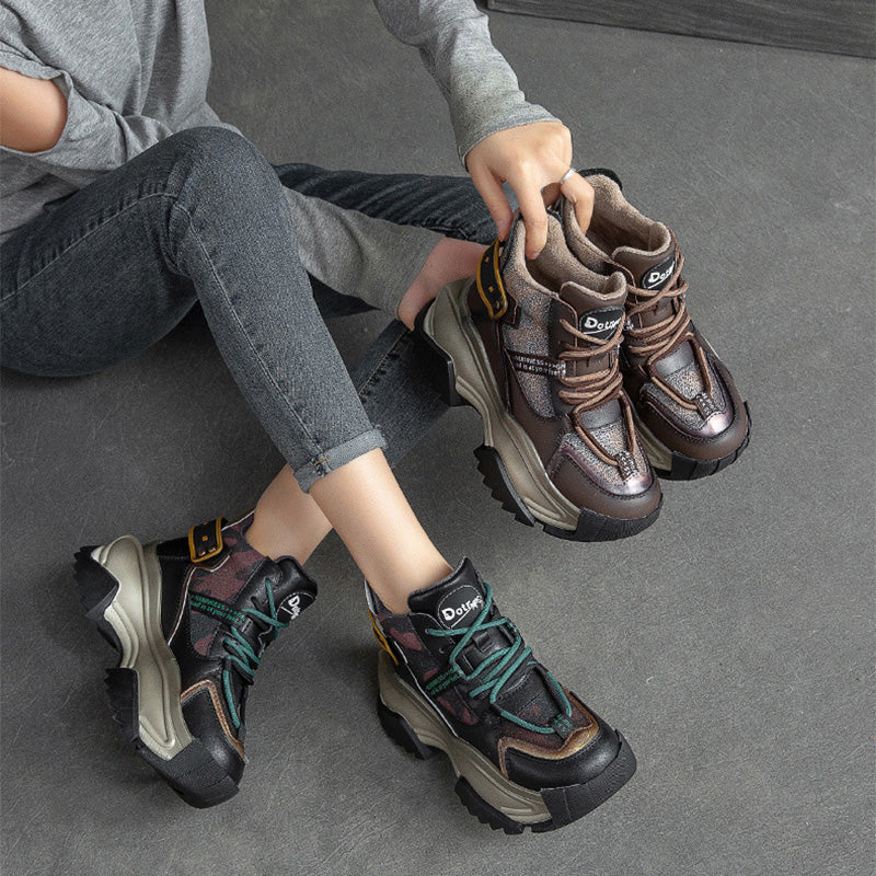 Women Retro Fashion Leather Chunky Platform Dad Shoes-RAIIFY