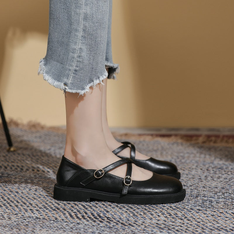 Women Soft Leather Retro Round Head Loafers-RAIIFY