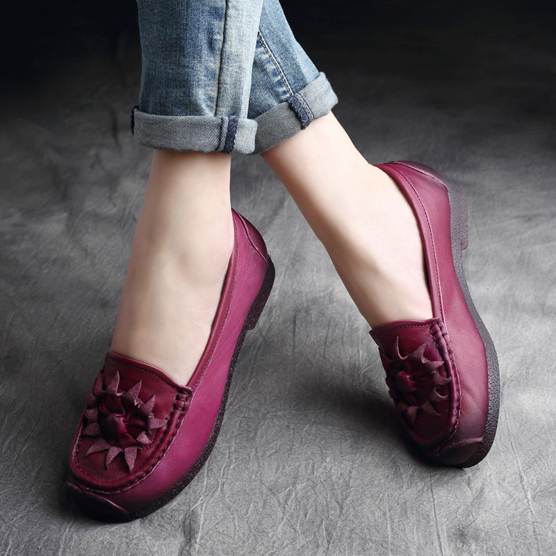 Women Retro Leather Handcraft Soft Casual Flats-RAIIFY