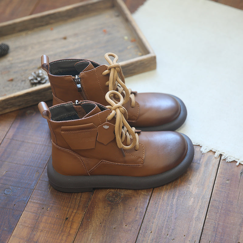 Women Retro Cowhide Round Head Boots-RAIIFY