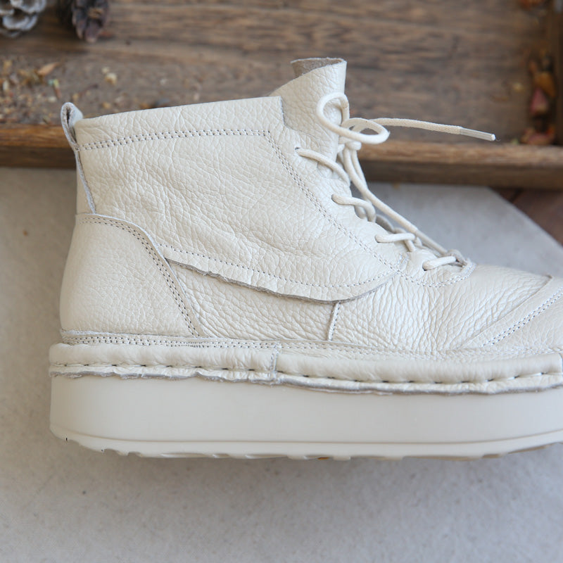 Women Leather Round Head Platform Casual Boots-RAIIFY