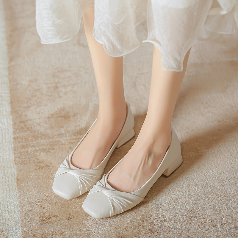 Women Retro Casual Leather Chunky Low Heel Pumps-RAIIFY