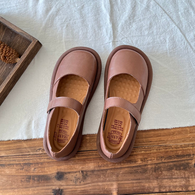 Women Retro Leather Velcro Tape Flat Loafers-RAIIFY