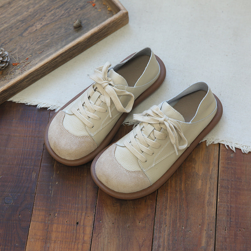 Women Retro Round Head Cowhide Soft Flat Casual Shoes-RAIIFY