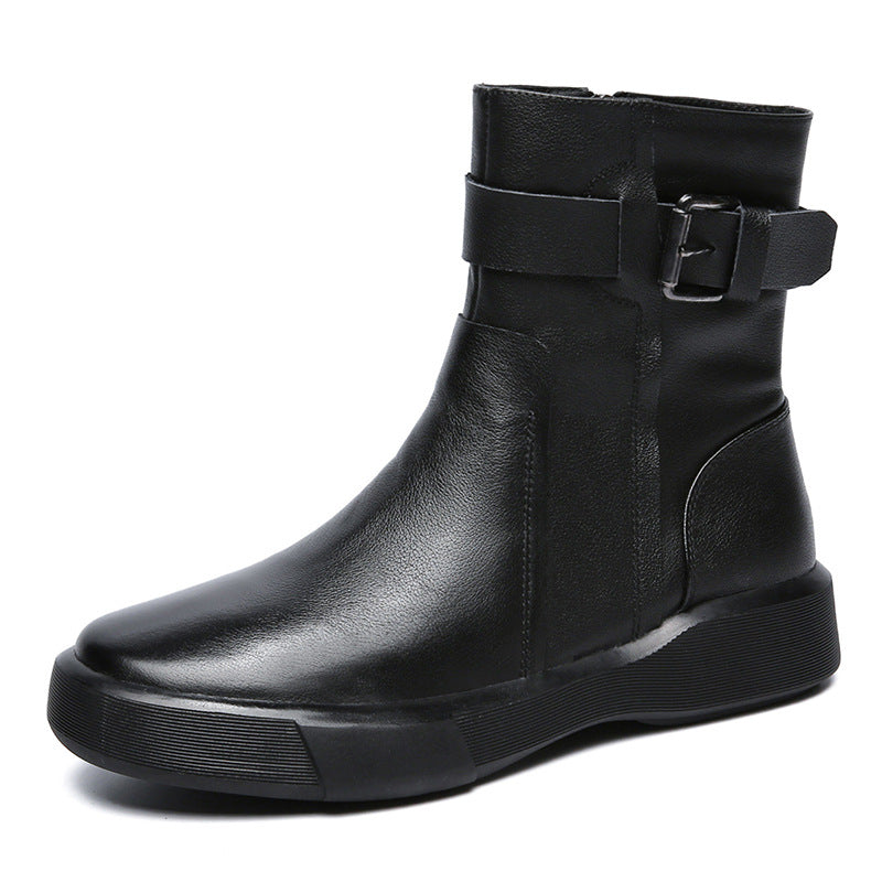 Women Soft Leather Casual Flat Boots-RAIIFY