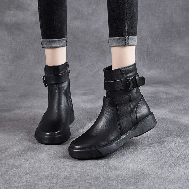 Women Soft Leather Casual Flat Boots-RAIIFY