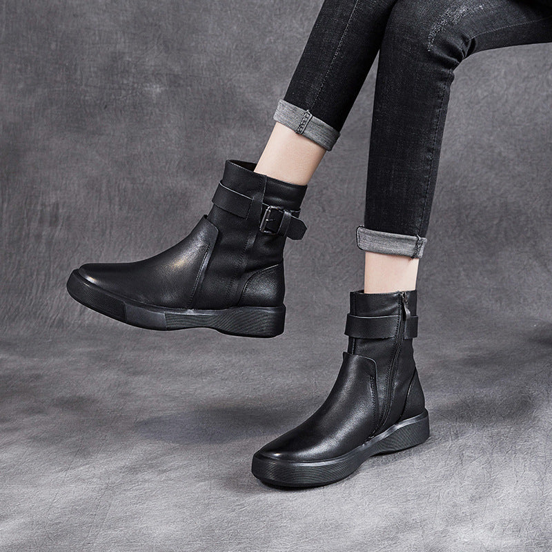 Women Soft Leather Casual Flat Boots-RAIIFY