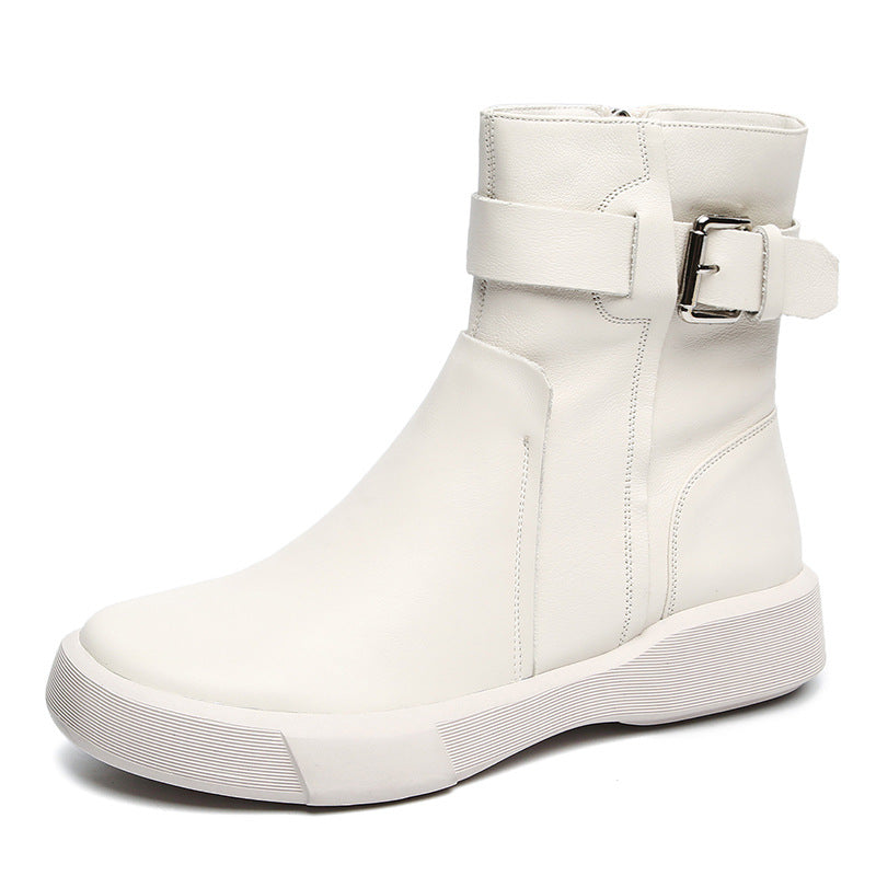 Women Soft Leather Casual Flat Boots-RAIIFY