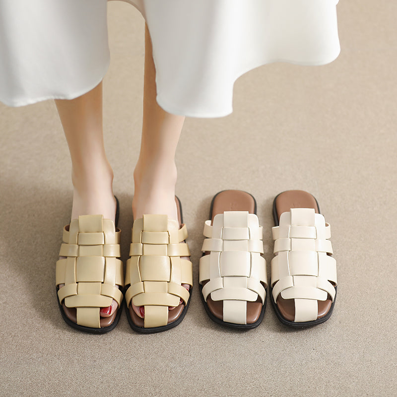 Women Summer Plaited Leather Slide Sandals-RAIIFY