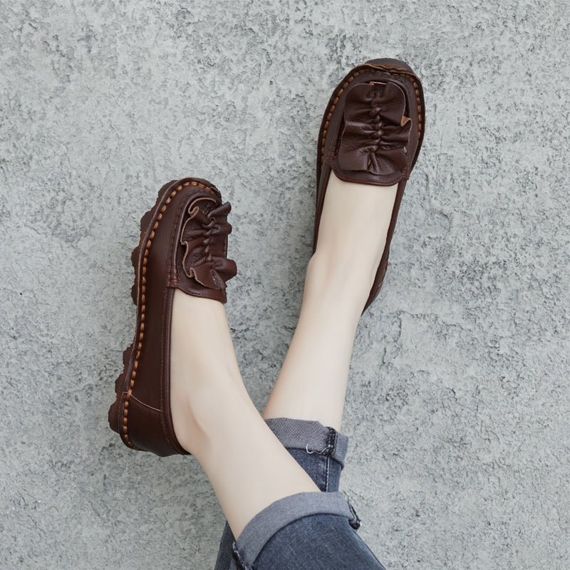 Women Retro Soft Leather Lug Sole Loafers-RAIIFY