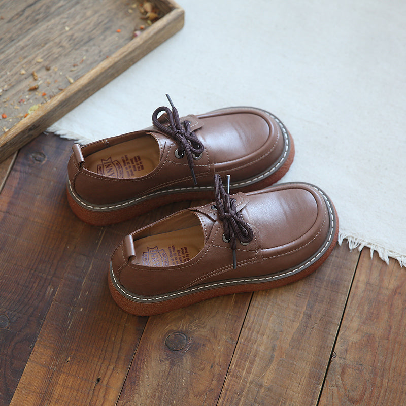 Women Retro Leather Lace-Up Casual Loafers-RAIIFY