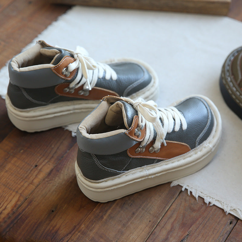 Women Retro Round Head Cowhide Casual Boots-RAIIFY