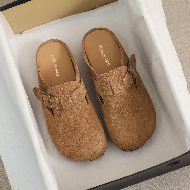 Women Retro Solid Suede Buckle Flat Slippers-RAIIFY