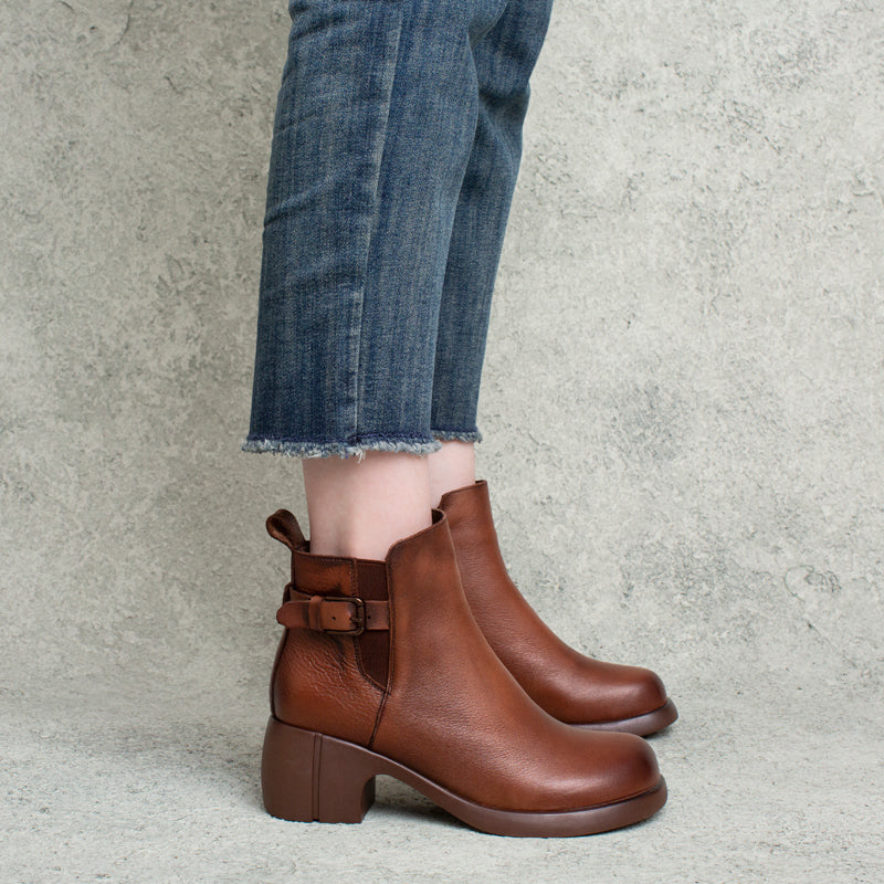 Women Handmade Casual Leather Chunky Heel Boots-RAIIFY