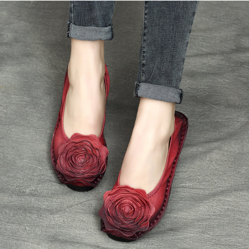 Women Retro Flower Leather Casual Flats-RAIIFY