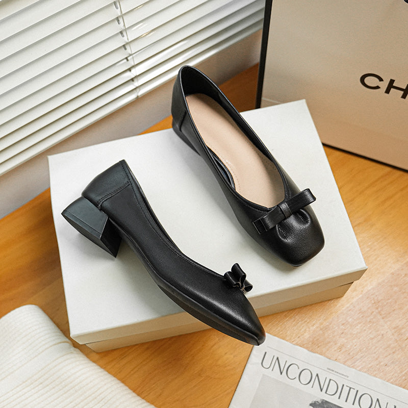 Women Casual Leather Low Chunky Heel Pumps-RAIIFY