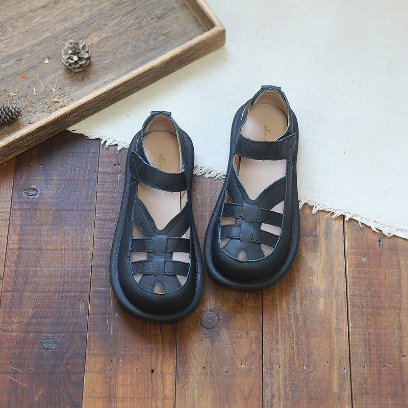 Women Retro Hollow Leather Flat Casual Sandals-RAIIFY
