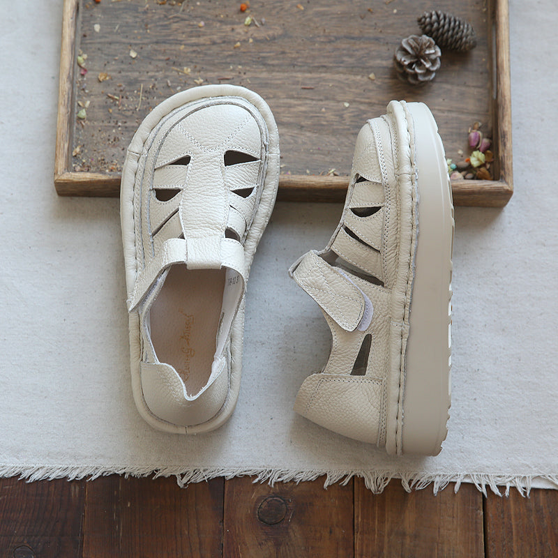 Women Summer Hollow Leather Platform Sandals-RAIIFY