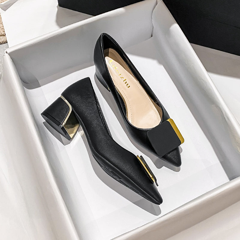 Women Fashion Soft Leather Chunky Heel Pumps-RAIIFY