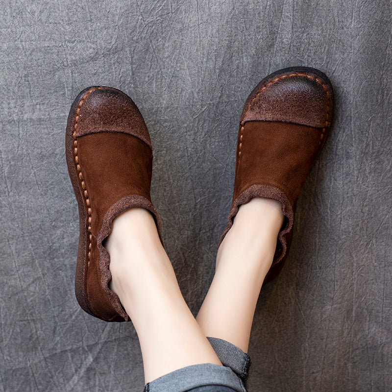 Women Autumn Retro Cowhide Soft Flat Shoes-RAIIFY