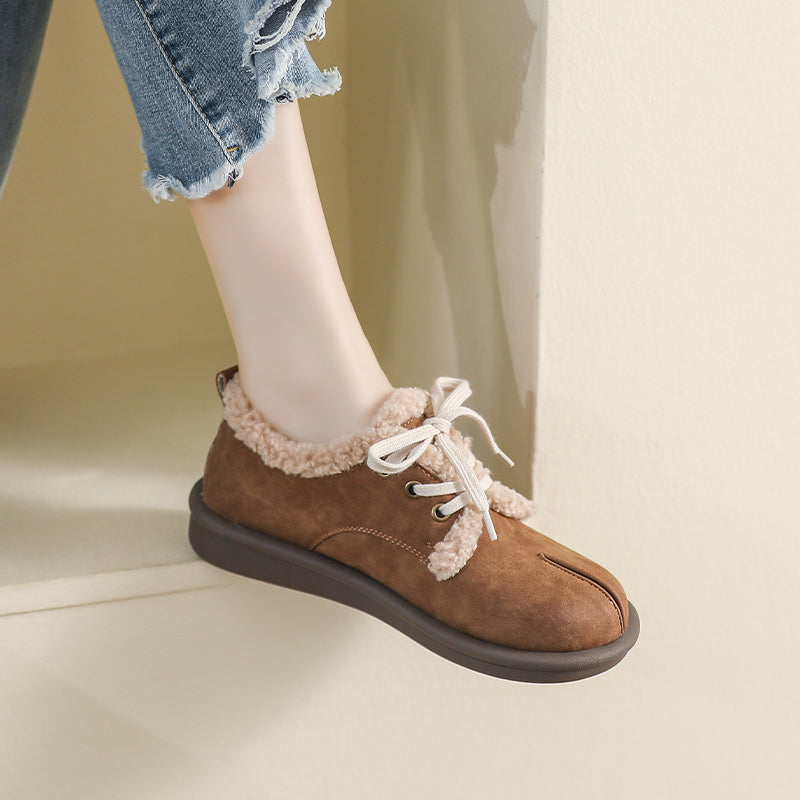 Women Retro Leather Furred Flat Casual Shoes-RAIIFY