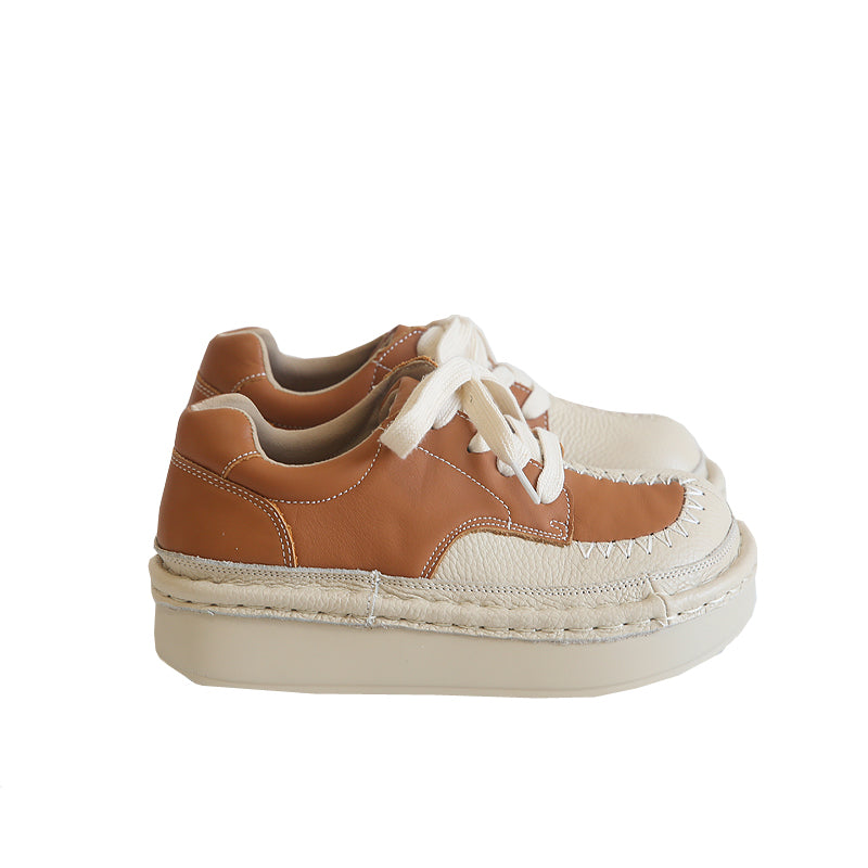 Women Retro Patchwork Leather Thick Sole Casual Shoes-RAIIFY