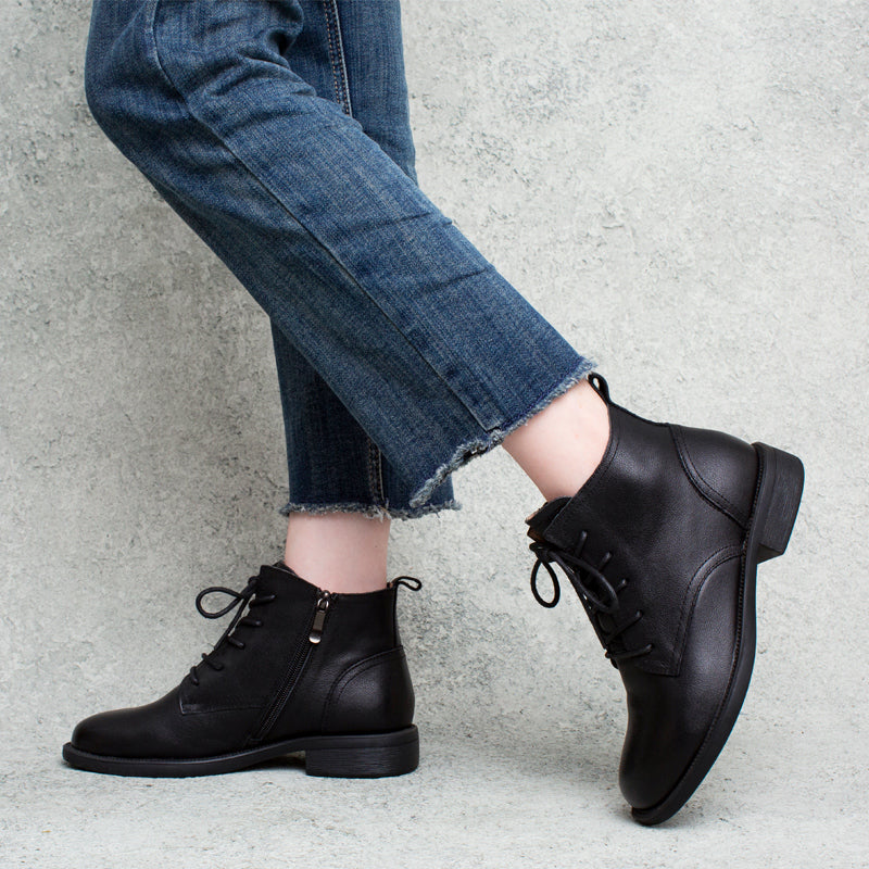 Women Autumn Solid Leather Casual Boots-RAIIFY