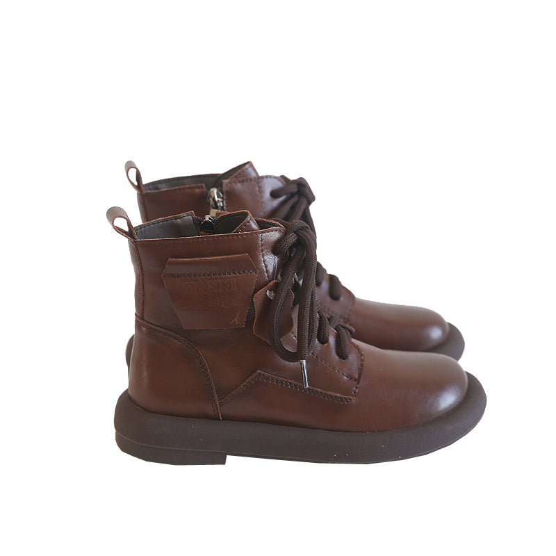 Women Retro Cowhide Round Head Boots-RAIIFY
