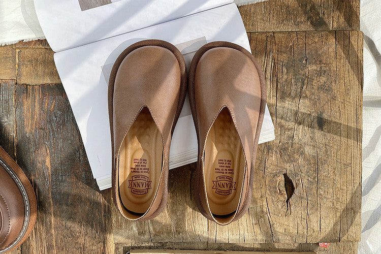 Women Retro Solid Soft Leather Flat Loafers-RAIIFY
