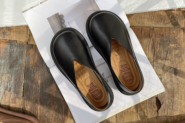 Women Retro Solid Soft Leather Flat Loafers-RAIIFY