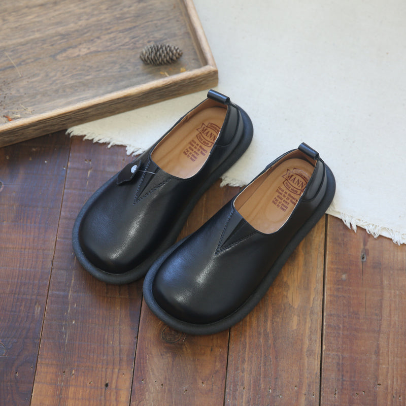 Women Retro Solid Soft Leather Flat Casual Shoes-RAIIFY